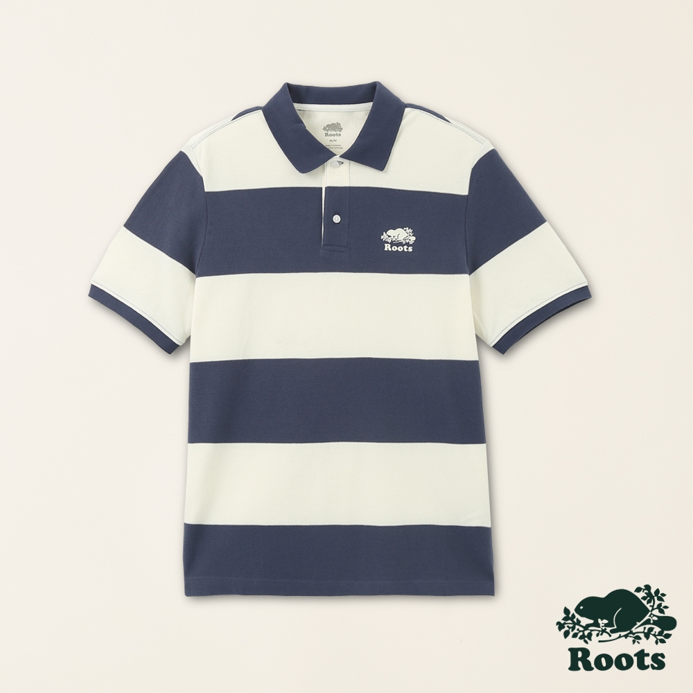 Roots男裝-喚起自然之心系列 寬版條紋網眼布短袖POLO衫-藍色 product image 1