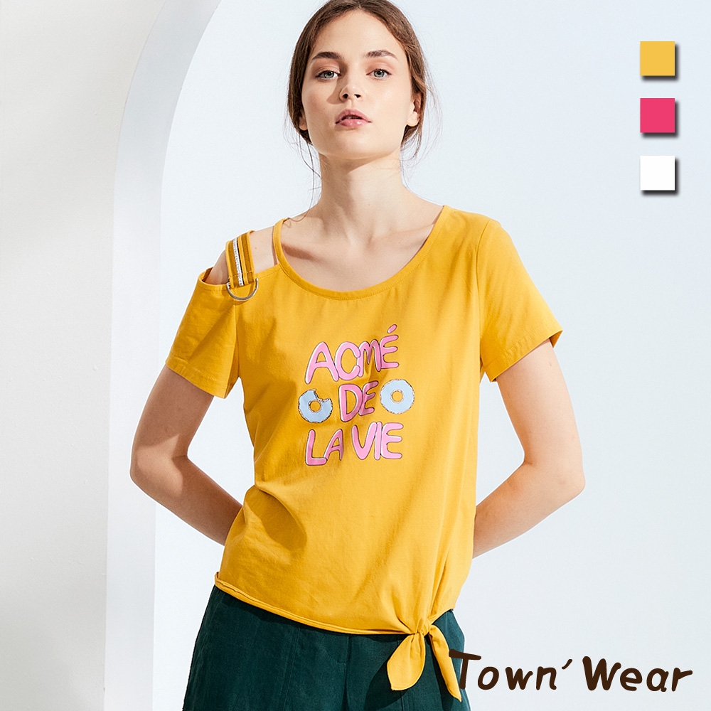 【TOWNWEAR棠葳】休閒印花露肩純棉上衣 3色(女上/T恤/短T/綁帶/印圖)