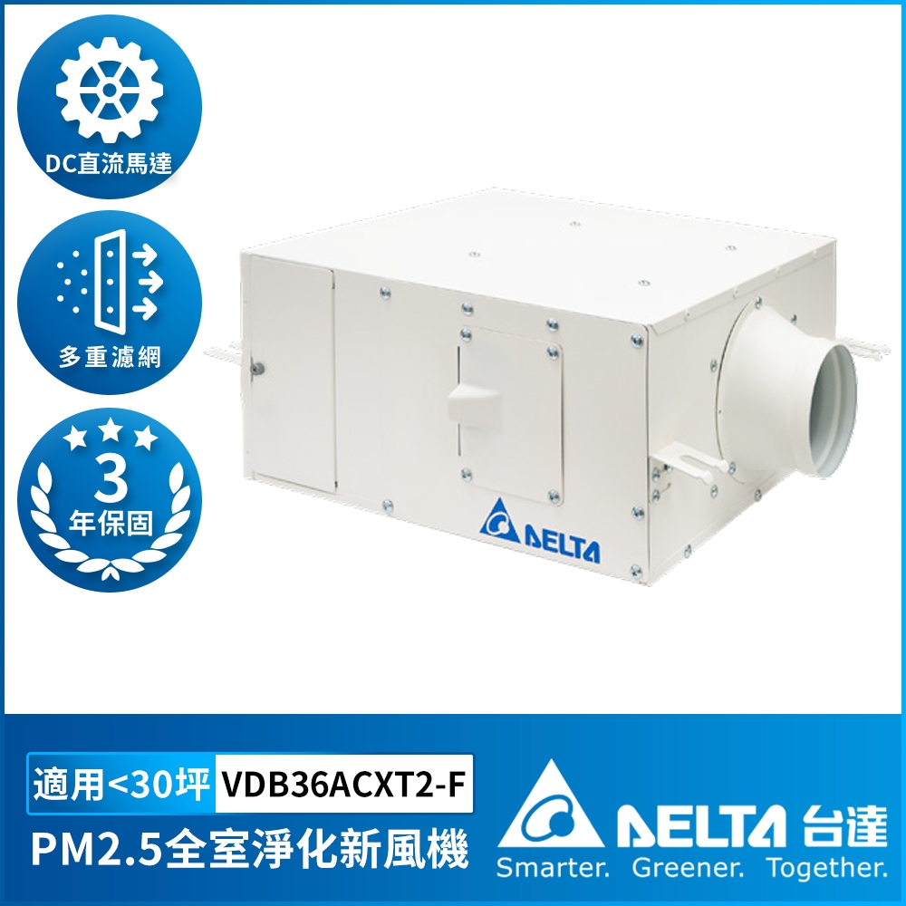 【DELTA 台達電子】全室淨化新風機 正壓PM2.5進氣型管道扇 標準型 適用30坪 三年保固 VDB36ACXT2-F