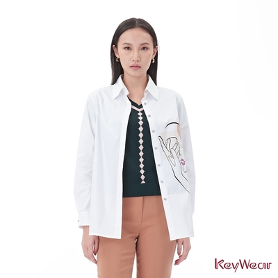 KeyWear奇威名品 圖騰設計長袖襯衫-白色