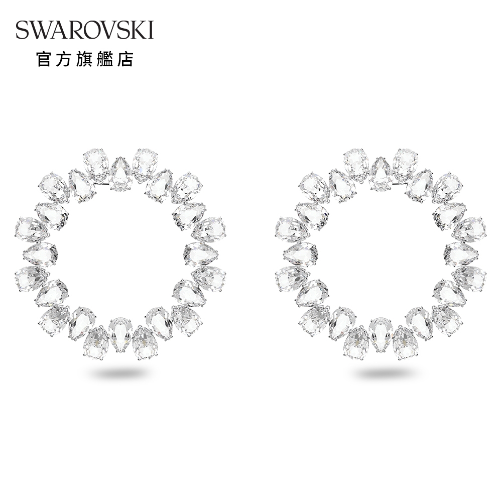 SWAROVSKI 施華洛世奇 Millenia 大圈耳環圓形，梨形切割, 大碼, 白色, 鍍白金色