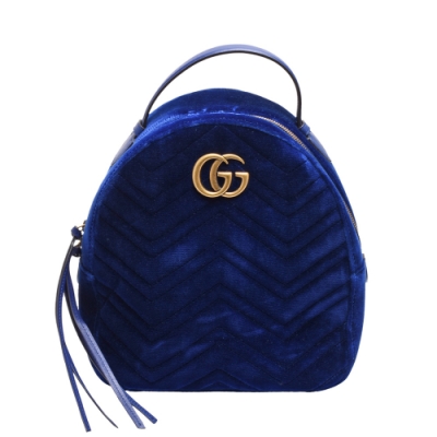 gucci gg marmont絎縫紋天鵝絨金屬雙g logo拉鍊手提/後背包(寶藍)