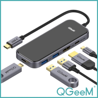 【美國QGeeM】Type-C五合一PD/USB-C/HDMI多功能轉接器 鏡面黑