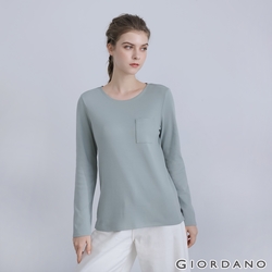 GIORDANO 女裝純棉口袋長袖T恤 - 04 石板綠