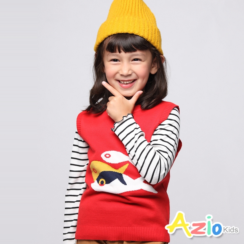 Azio Kids 女童 背心 三色拼接小魚圖樣針織背心 (紅)