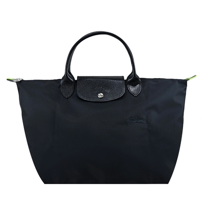 LONGCHAMP LE PLIAGE GREEN系列刺繡短把再生尼龍摺疊水餃包(中/黑)