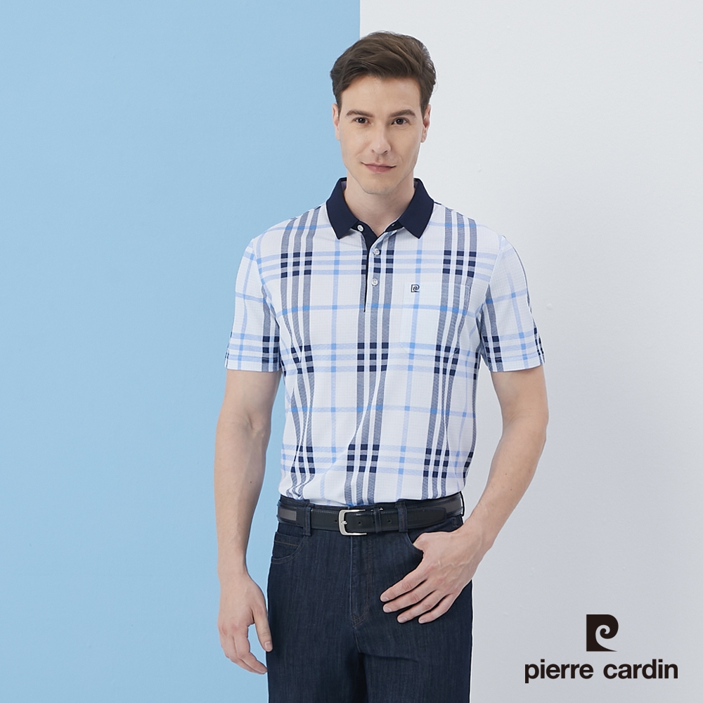Pierre Cardin皮爾卡登 男款 網眼印格短袖POLO衫-藍色(5217274-35)