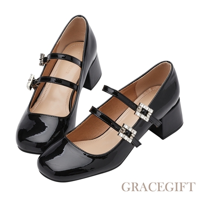 【Grace Gift】甜美水鑽雙帶中跟瑪莉珍鞋 黑漆
