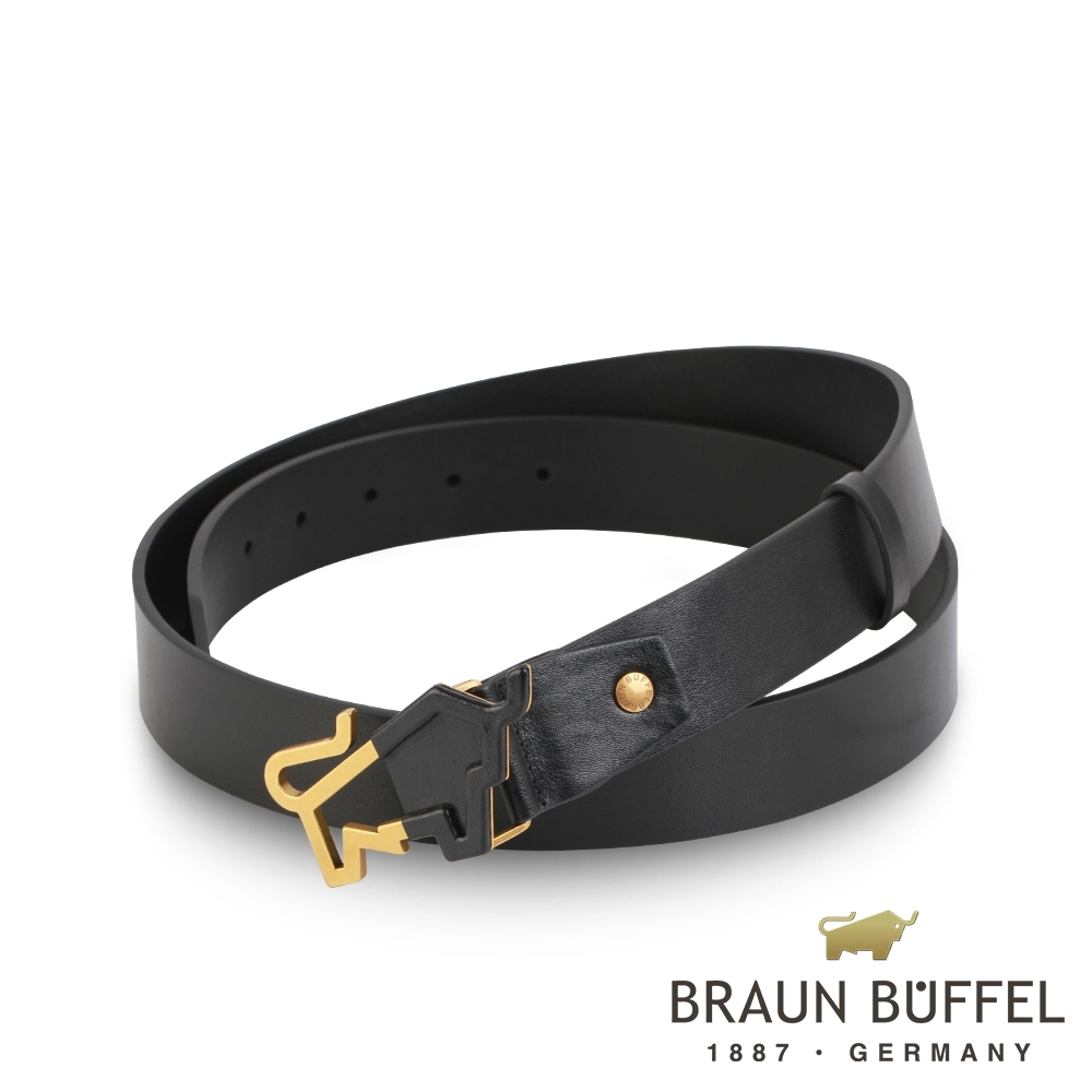 【BRAUN BUFFEL 德國小金牛】台灣總代理 時尚型男雙色LOGO釘扣式皮帶-金色/BF20B-HUY020-GD