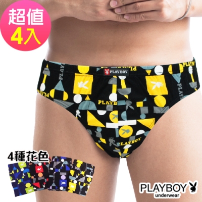 男內褲 MIT製 PLAYBOY 精梳棉印花三角褲-格兔印花(4件組)