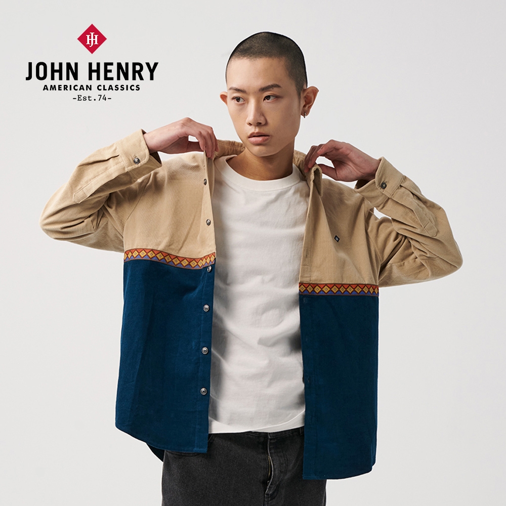 JOHN HENRY 刺繡拼接襯衫外套-二色 (深藍)