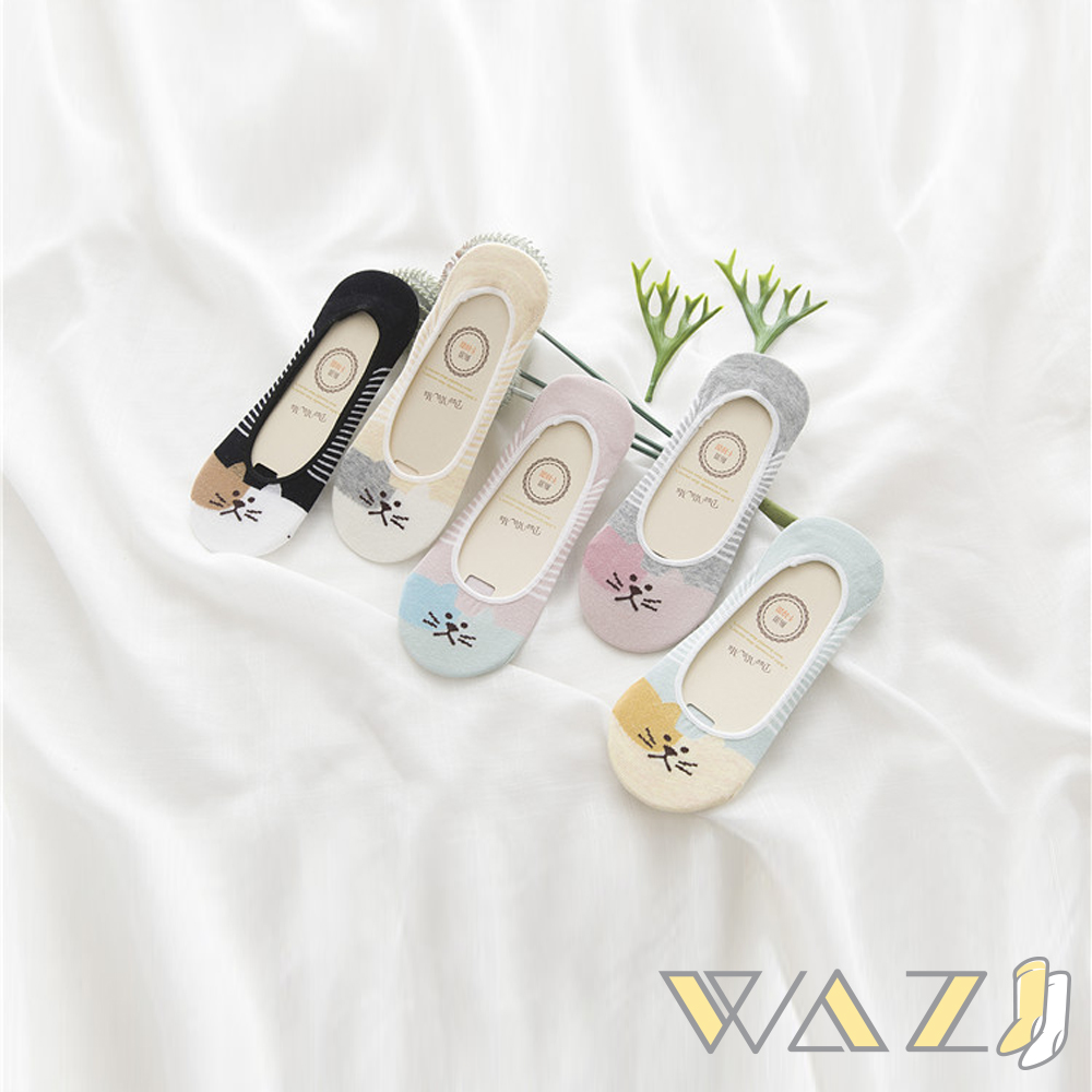 Wazi-彩色貓咪條紋邊船襪隱形襪 (1組五入)