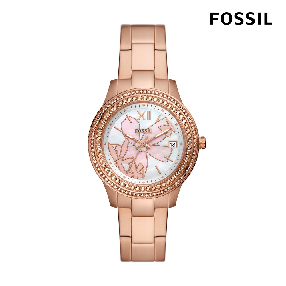 FOSSIL Stella 璀璨雙鑽圈花卉女錶 玫瑰金不鏽鋼鍊帶 37MM ES5192