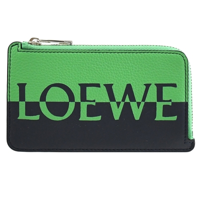 LOEWE 經典英字LOGO撞色小牛皮卡片零錢包(深藍/綠)