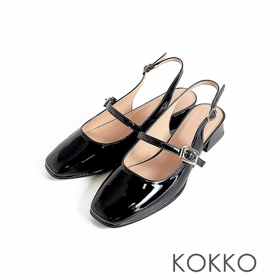 KOKKO甜美女孩微寬楦漆皮後繫帶低跟包鞋黑色