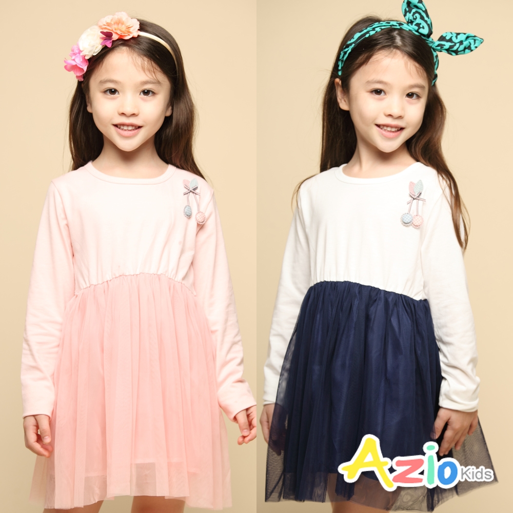 Azio kids美國派 女童 洋裝 立體葉子小花吊飾網紗長袖洋裝(粉藍二色)