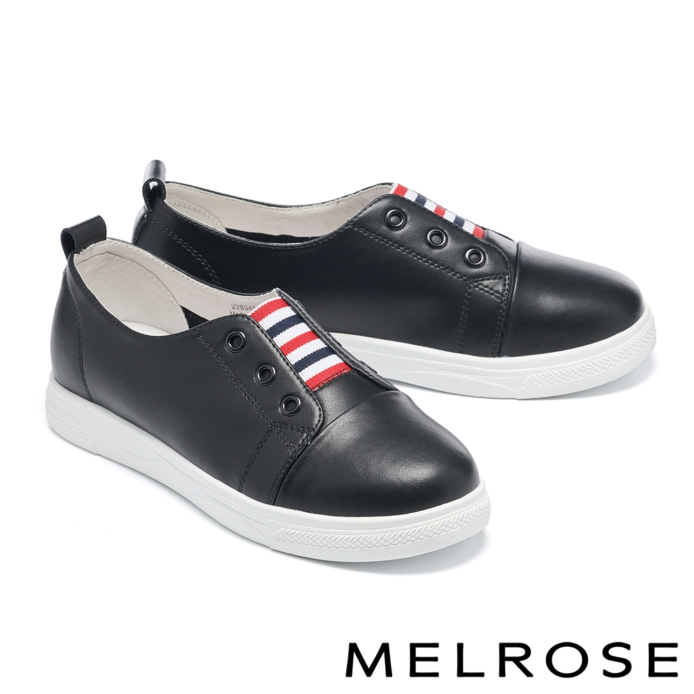 休閒鞋 MELROSE 美樂斯 簡約日常條紋造型牛皮QQ厚底休閒鞋－黑