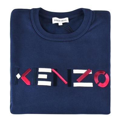 KENZO彩色刺繡LOGO字母設計純棉長袖大學T恤(女裝/深藍)
