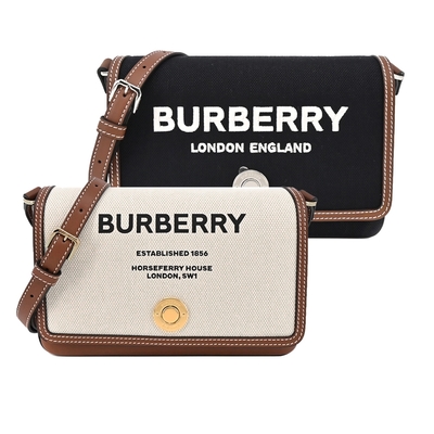 BURBERRY Horseferry 印花帆布及皮革翻蓋斜背包(任選)