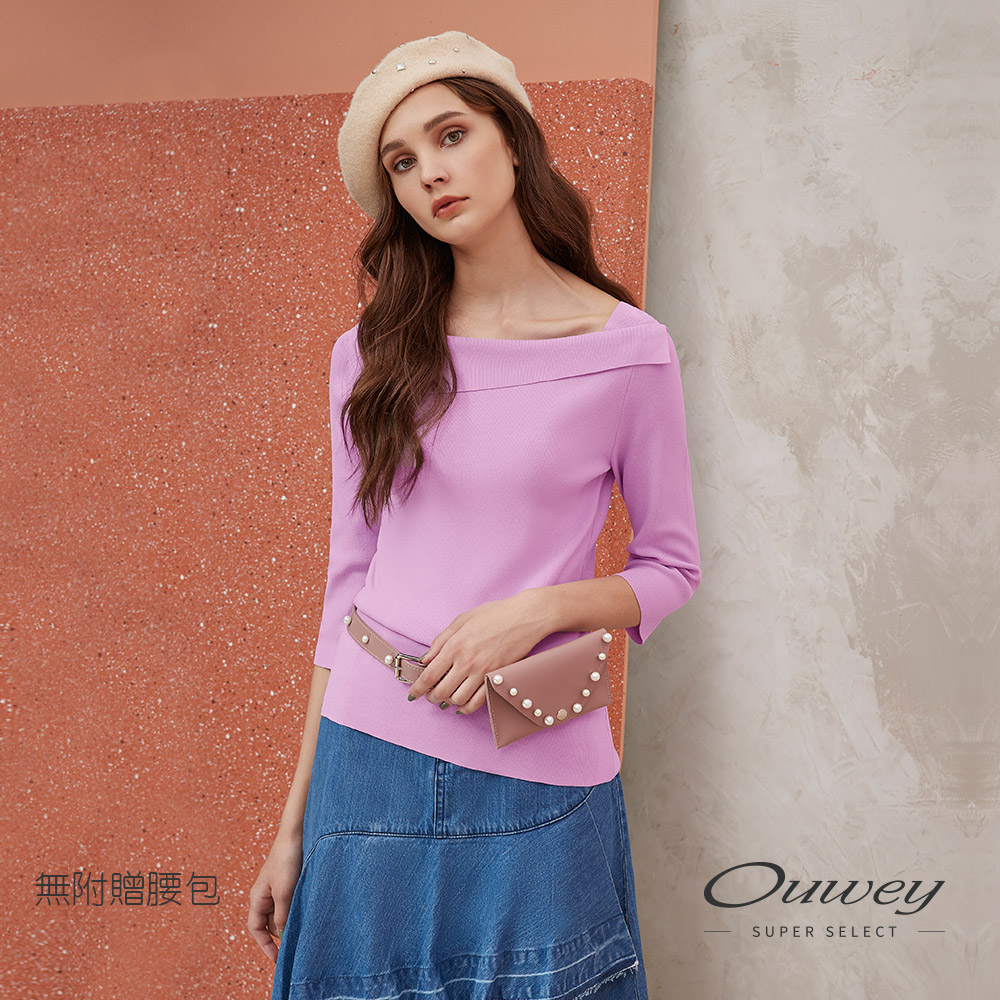 OUWEY歐薇 時尚百搭七分袖造型翻領針織上衣(紫)