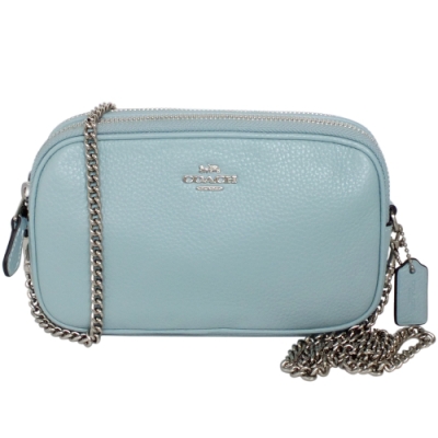 COACH蘇打藍荔枝紋全皮鍊帶雙層斜背小包