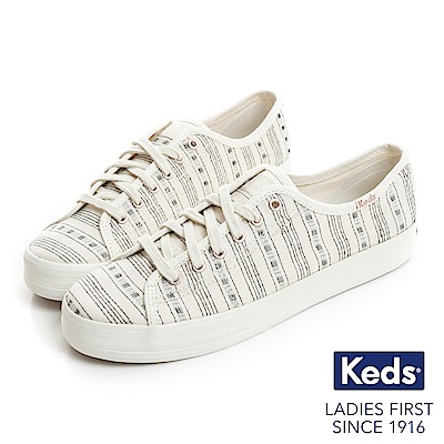 Keds KICKSTART 復古風條紋綁帶帆布鞋-奶油白