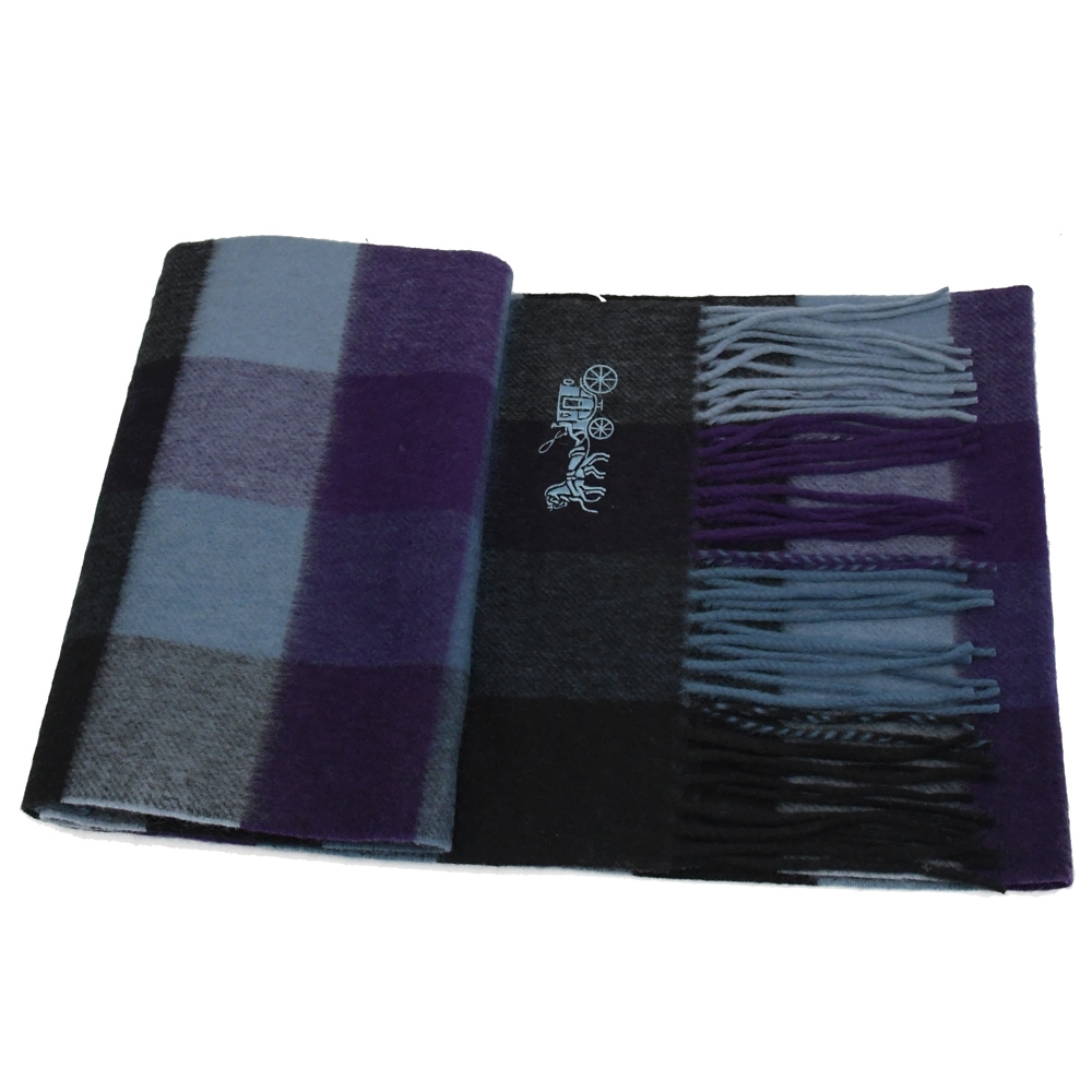 COACH 電繡格紋馬車LOGO羊絨長圍巾(藍/紫)