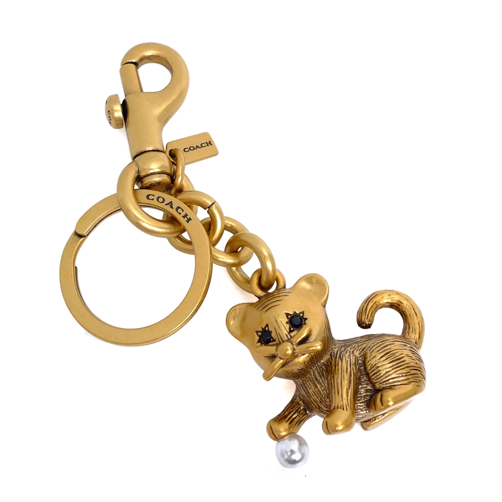 COACH古銅金立體貓咪珍珠掛扣單環鑰匙圈
