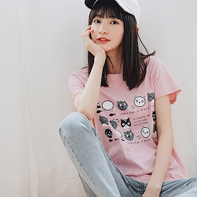 OB嚴選-台灣製造．高含棉可愛貓咪短袖T恤/上衣