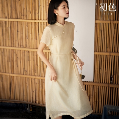 初色 新中式立領提花短袖抽繩收腰中長連衣裙連身洋裝-共2色-34839(M-XL可選)