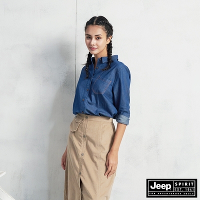 JEEP 女裝 復古風素面長袖襯衫-藍色