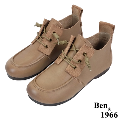 Ben&1966高級頭層牛皮文青感圓頭踝靴-卡其(238162)