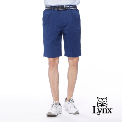 【Lynx Golf】男款日本進口面料基本款經典格紋夾標設計雙折休閒短褲-藍色