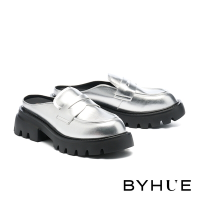 穆勒鞋 BYHUE 質感個性便仕造型軟芯厚底穆勒拖鞋－銀