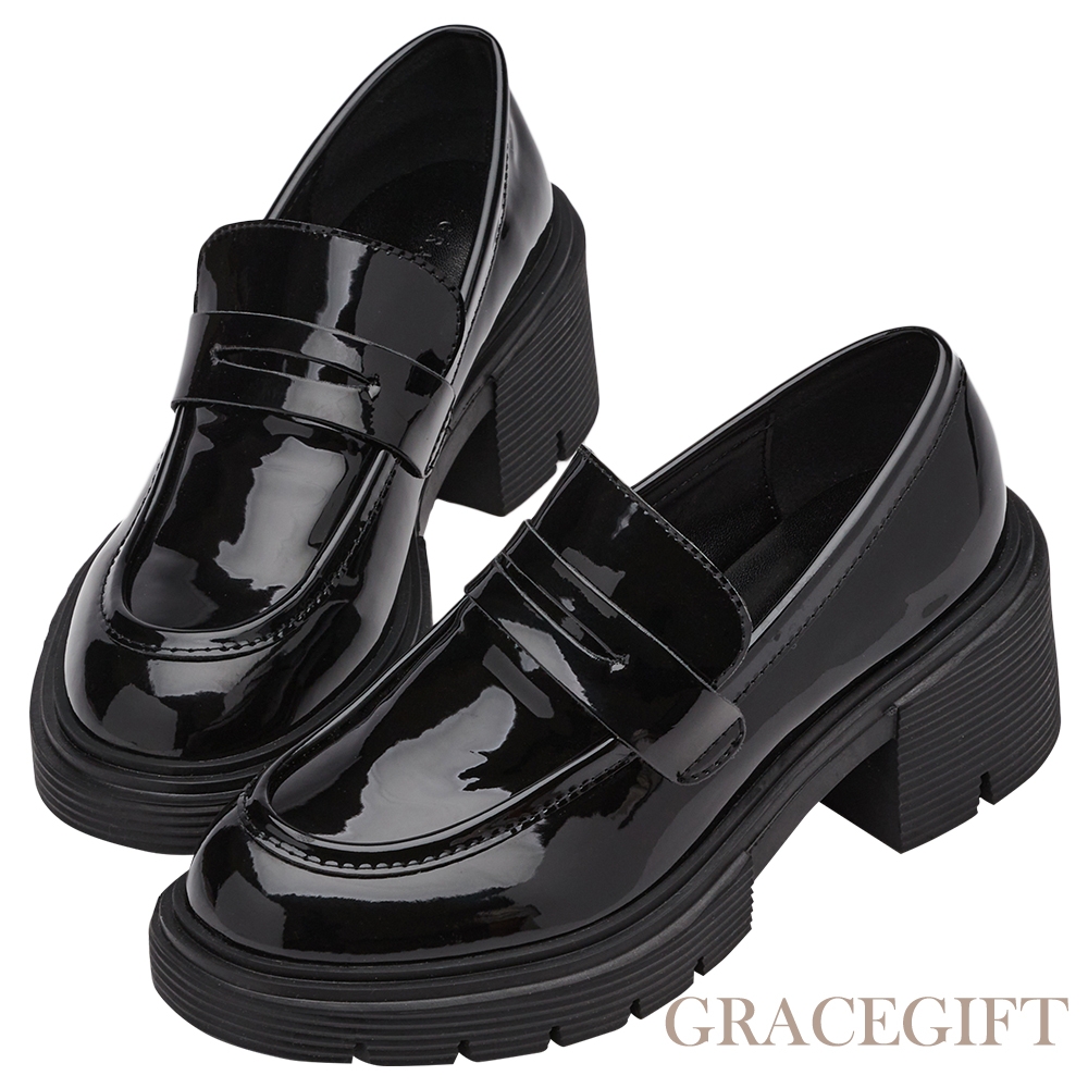 【Grace Gift】便仕設計厚底中高跟樂福鞋 黑漆
