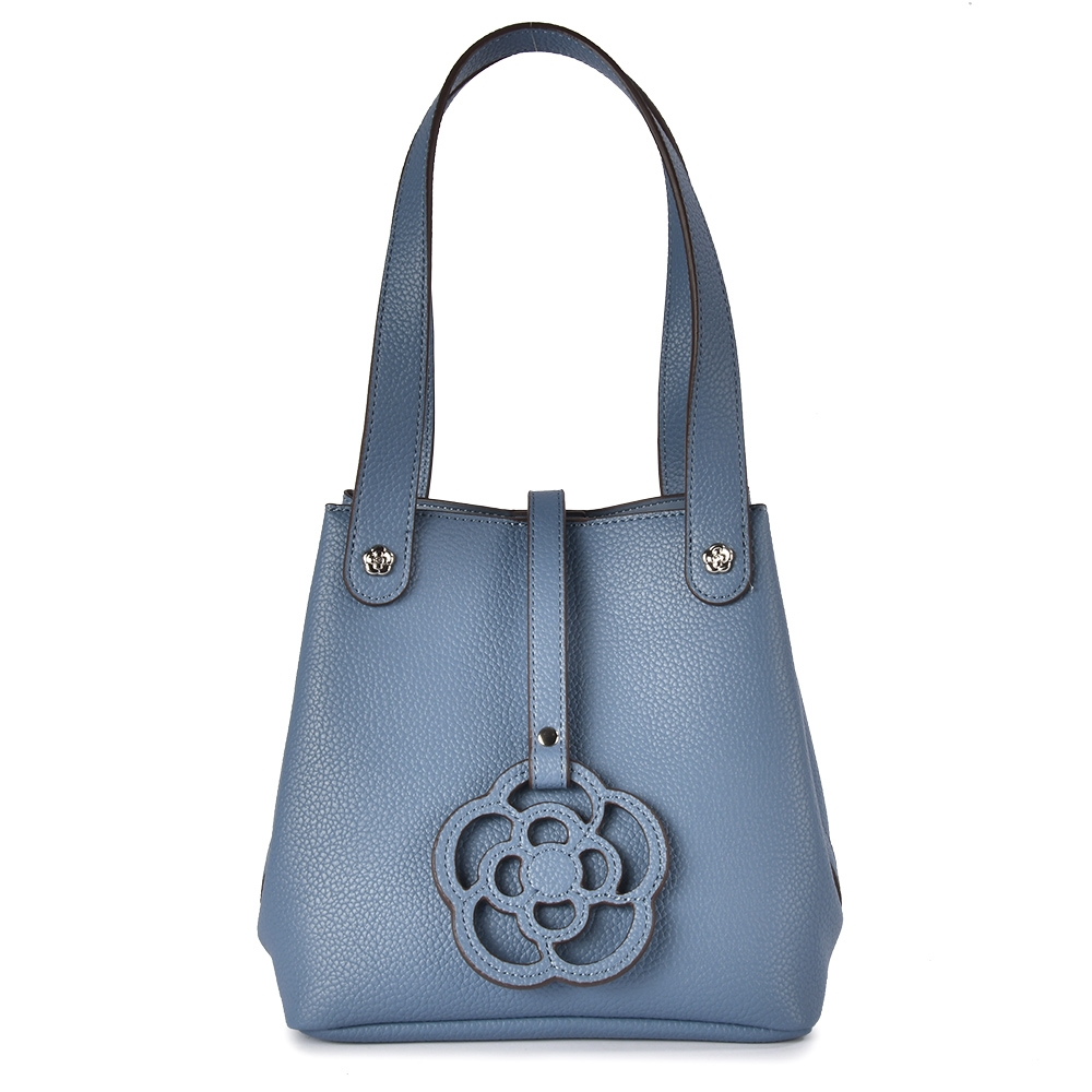 CLATHAS 山茶花裝飾荔枝紋皮革子母水桶包-小款/水藍色
