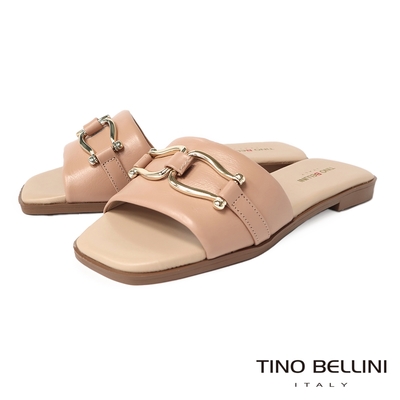 Tino Bellini 巴西進口牛皮寬帶馬銜釦平底涼拖鞋-米