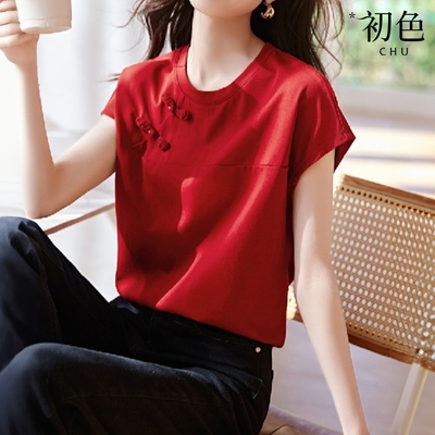 初色 中式純色圓領盤扣T恤短袖上衣女上衣-深紅色-33452(M-2XL可選)