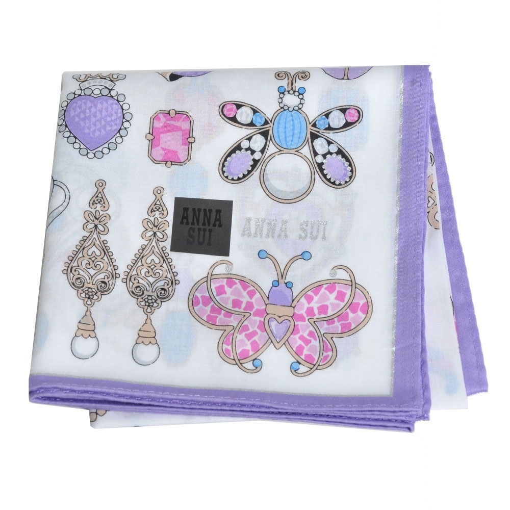 ANNA SUI 繽紛珠寶飾品圖騰字母LOGO帕領巾(白色/紫色邊)