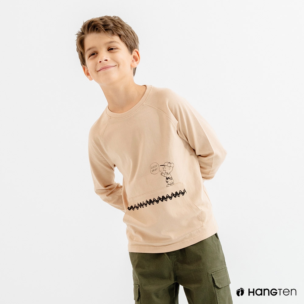 Hang Ten男童-Charlie Brown袋鼠口袋印花長袖T恤(卡其)