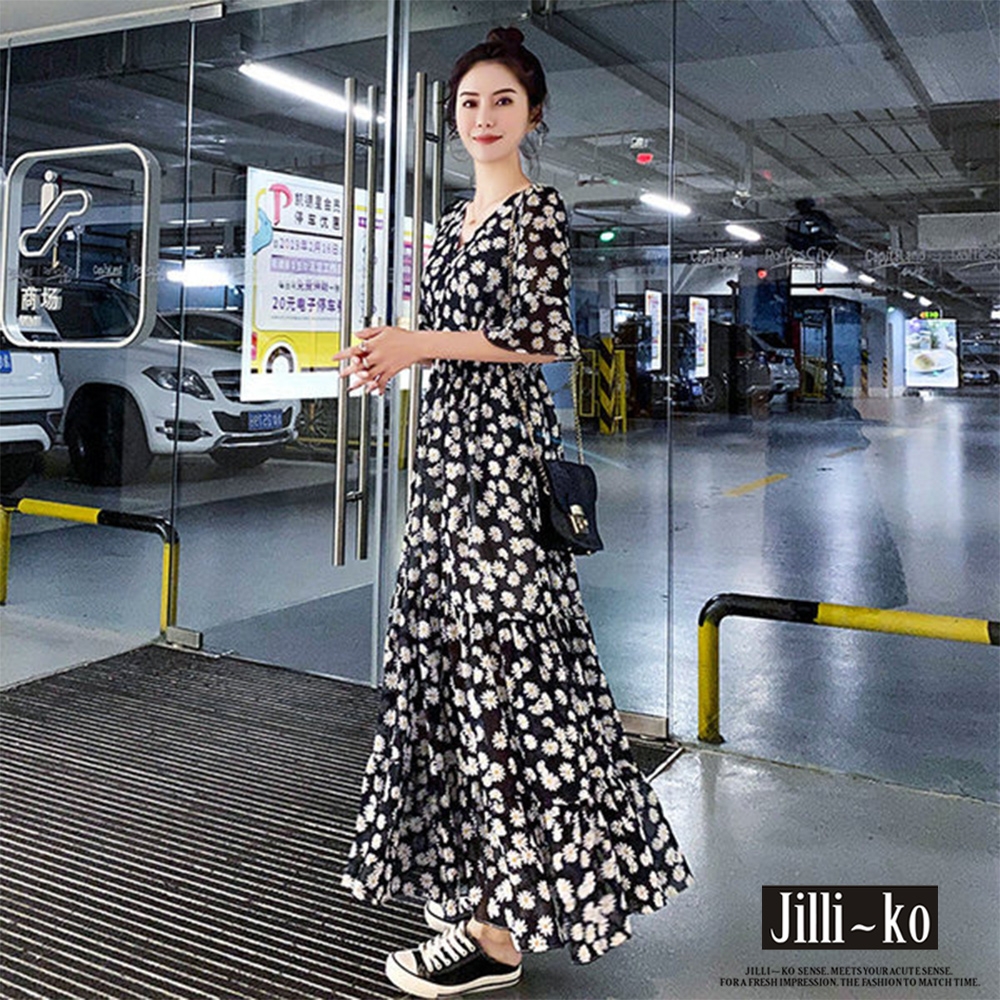 JILLI-KO 韓版雛菊印花氣質連衣裙- 黑色