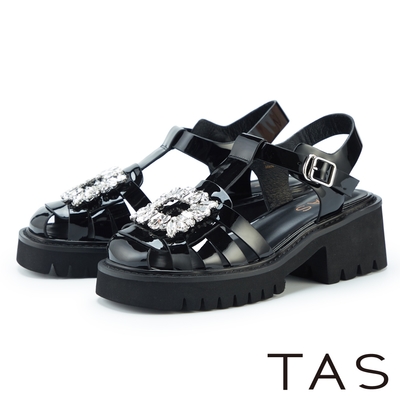 TAS 方鑽飾釦編織漆皮厚底涼鞋 黑色