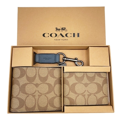 COACH 男款8卡短夾附鑰匙圈活動證件夾禮盒(C LOGO-焦糖/藍)