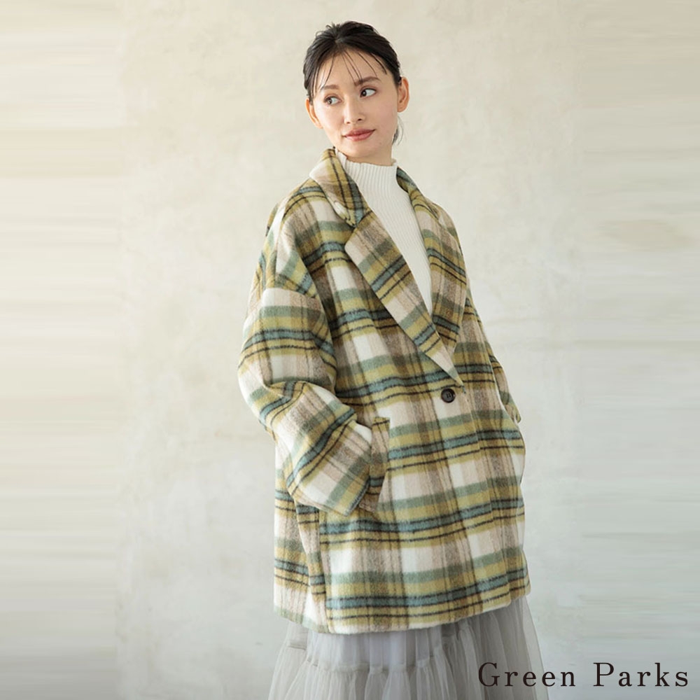 Green Parks 格紋圖案起毛感中長版翻領大衣外套
