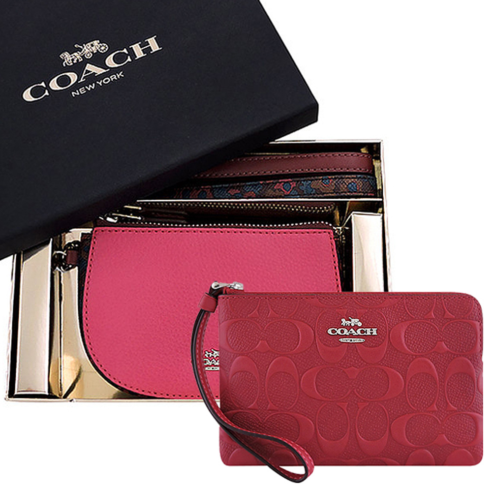 COACH 粉紅花朵圖樣彎月手拿包禮盒組-附雙提帶+COACH 紅色皮革大C立體浮雕手拿包