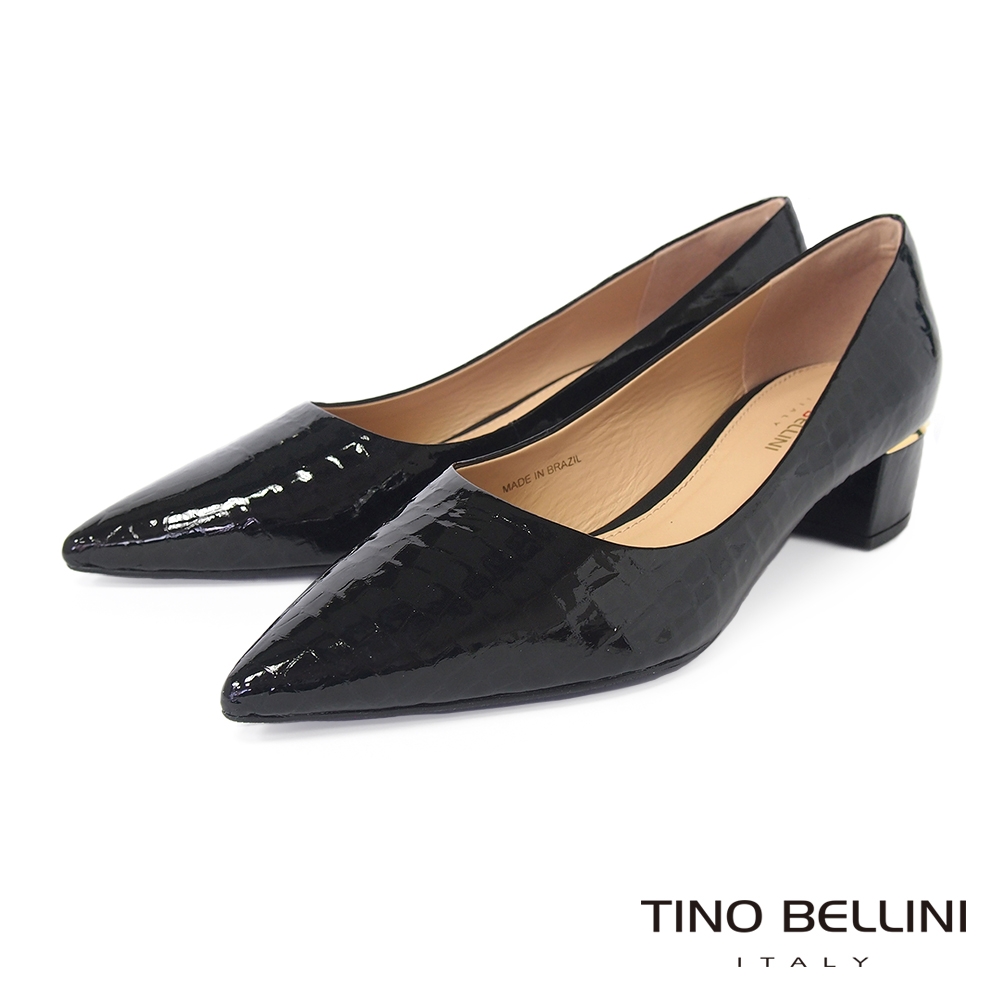 Tino Bellini 巴西進口質感時髦鱷魚紋牛皮尖頭粗跟鞋-黑
