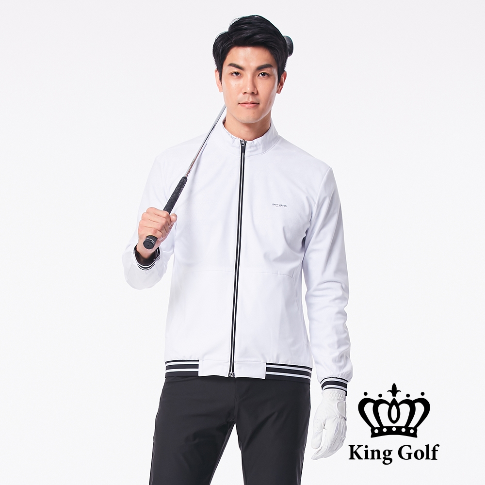 【KING GOLF】男款LOGO印圖防風防水連帽長袖夾克外套-白色