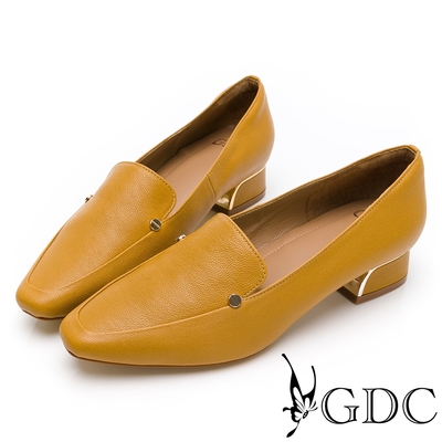 GDC-經典基本百搭簡約圓釦方頭低跟包鞋-黃色