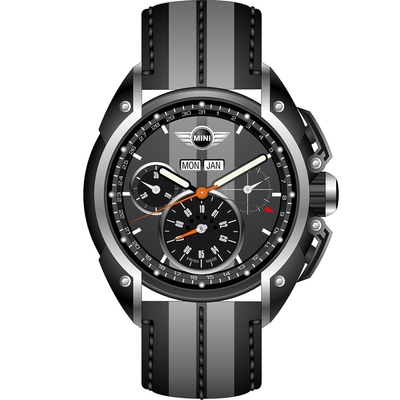 MINI Swiss Watches 石英錶 45mm 灰底白條三眼計時 灰黑條真皮錶帶