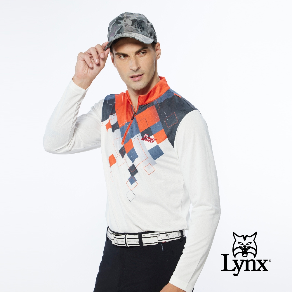 【Lynx Golf】男款吸濕排汗網眼材質漸層格紋設計山貓繡花長袖立領POLO衫-橘色